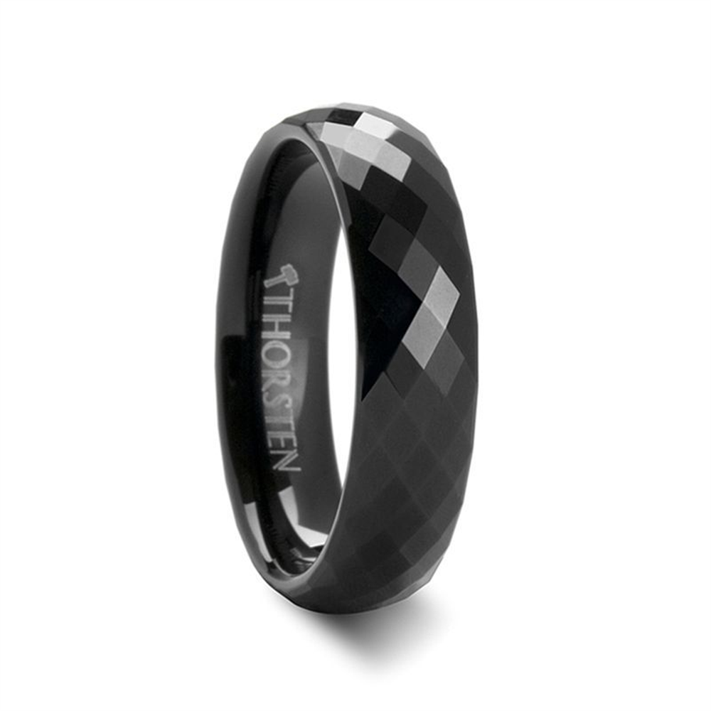 The AEON Black Tungsten Wedding Band with 288 Diamond Facets, available in size 9, features a textured, reflective pattern on its surface. The interior is smooth with the brand name "Thorsten" engraved inside. This modern, sleek design is perfect for various occasions.