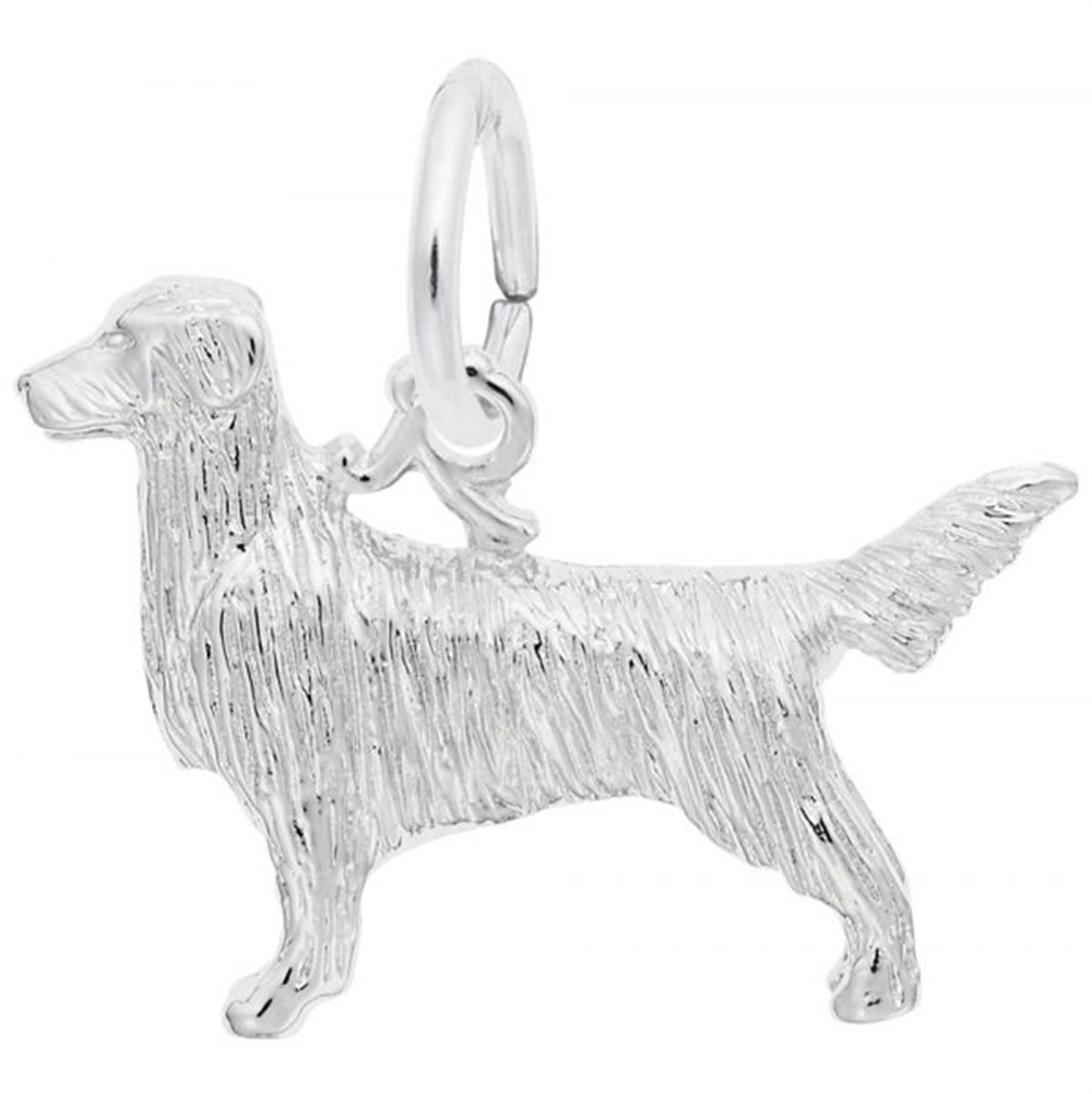 The Rembrandt Charms Retriever Dog Charm made of sterling silver features a flat, textured surface and depicts a standing Golden Retriever in profile, complete with detailed fur and a raised, bushy tail. The charm is attached to a ring for easy fastening.