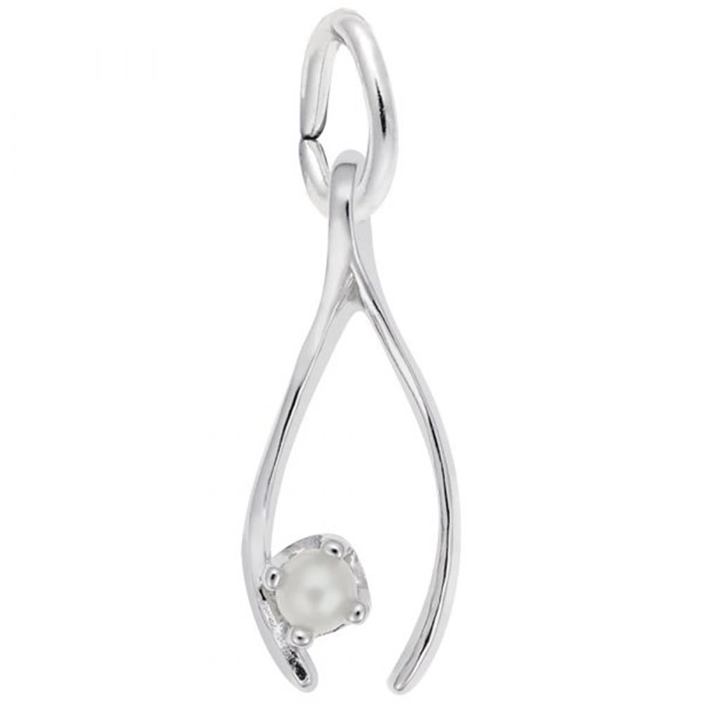 The Wishbone Charm by Rembrandt Charms is a sleek, sterling silver pendant featuring a small, round pearl delicately set at the base. The charm boasts a smooth, polished finish and includes a loop at the top for easy attachment to a necklace or chain.