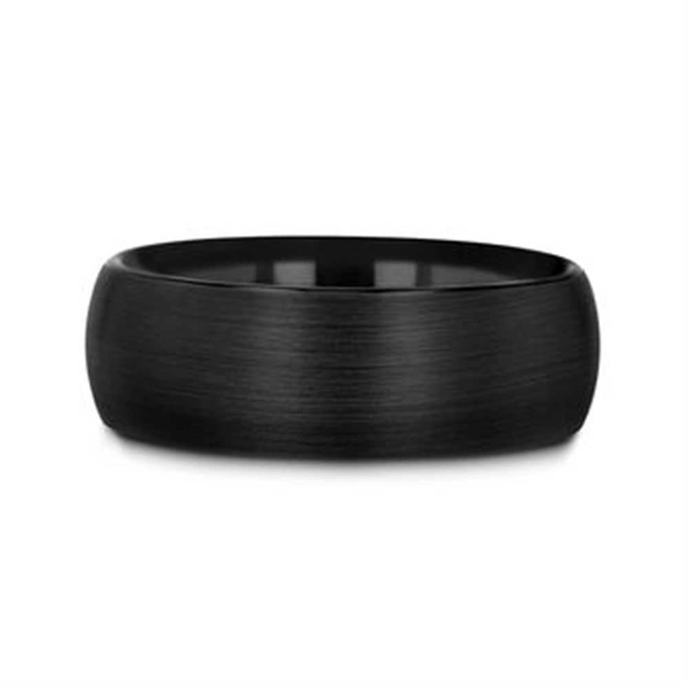 A sleek, RAIDER Black Tungsten ring by Thorsten, 6mm in width, featuring a smooth, matte black brushed finish and displayed against a plain white background.