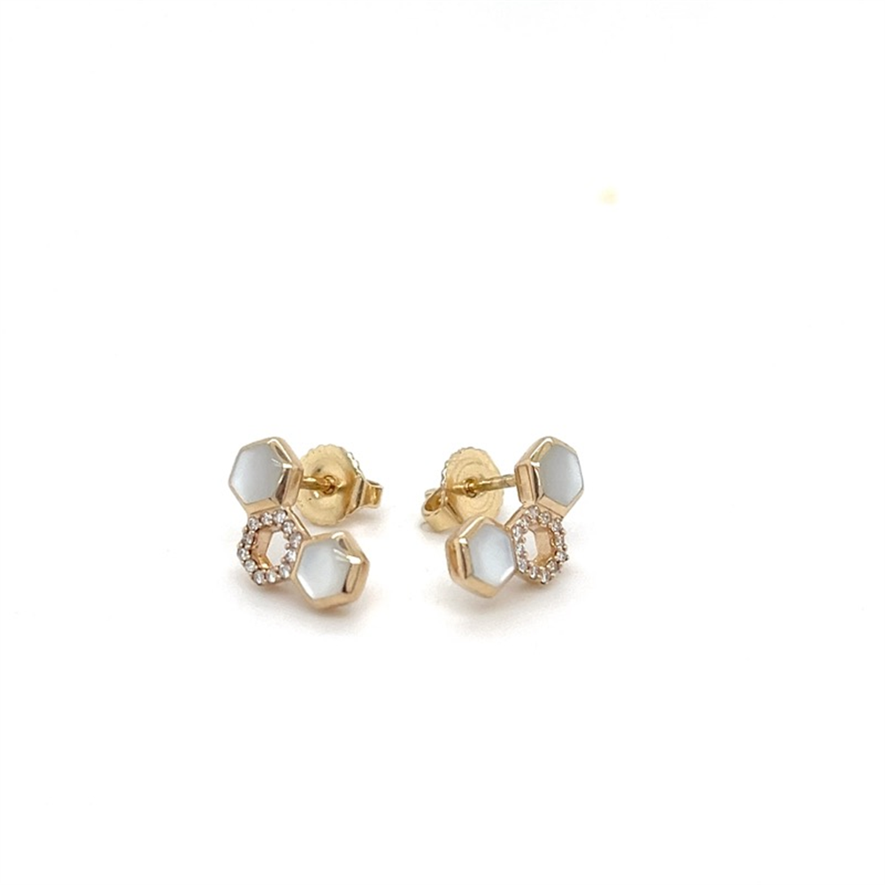 The Kabana 14K Honeycomb Earrings w MOP feature three hexagonal shapes with white inlays and a small clear stone-encrusted circle, shown on a white background.