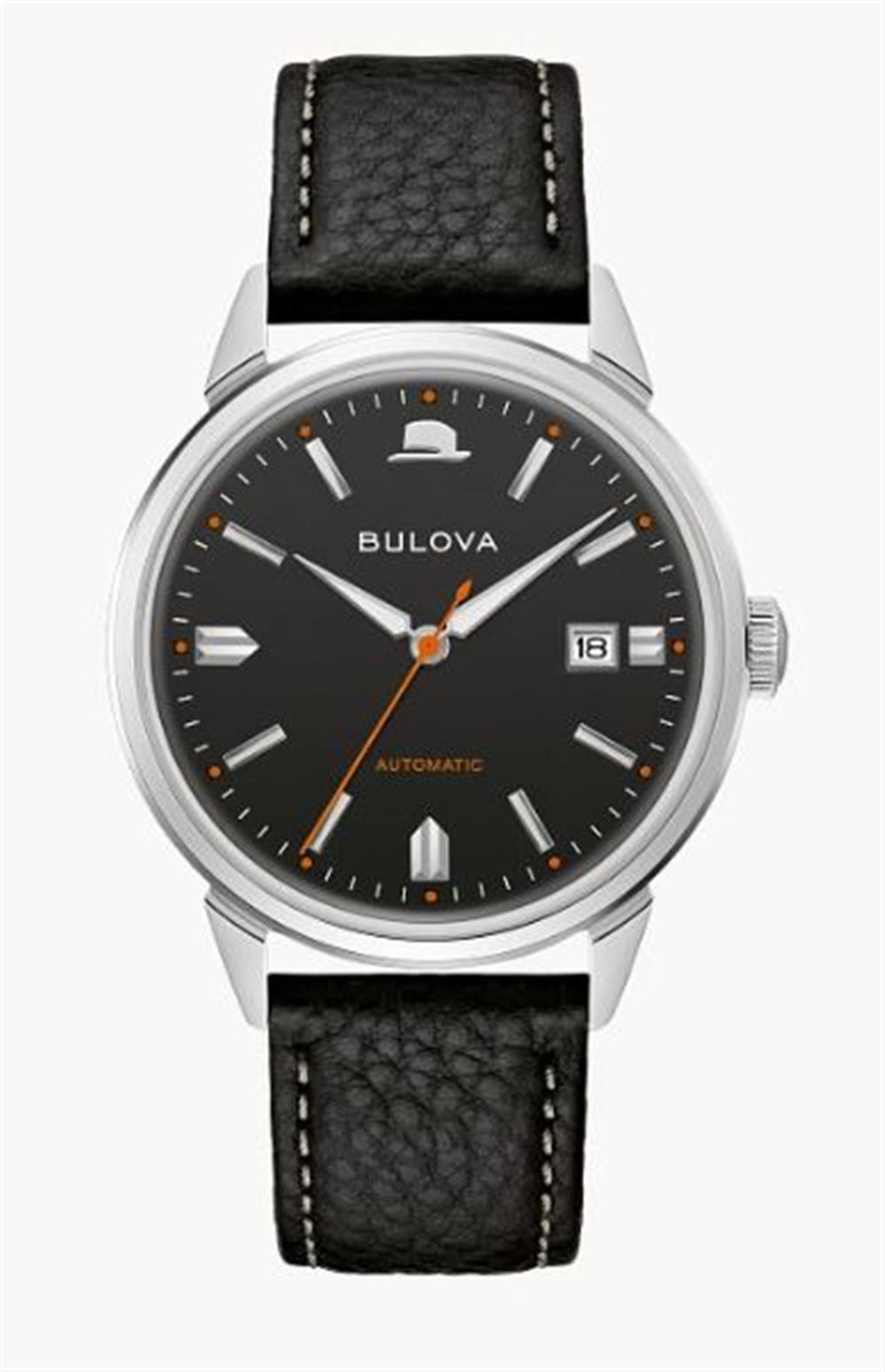 A close-up of the Bulova Summer Wind Frank Sinatra Series Watch with Leather Strap from the Bulova Watch Company, showcasing its black leather strap and elegant silver casing. The watch features a striking black face with orange and white markings, stylish silver and orange hands, and a convenient date display at the 3 o'clock position. The word "Automatic" is inscribed above 6 o'clock.