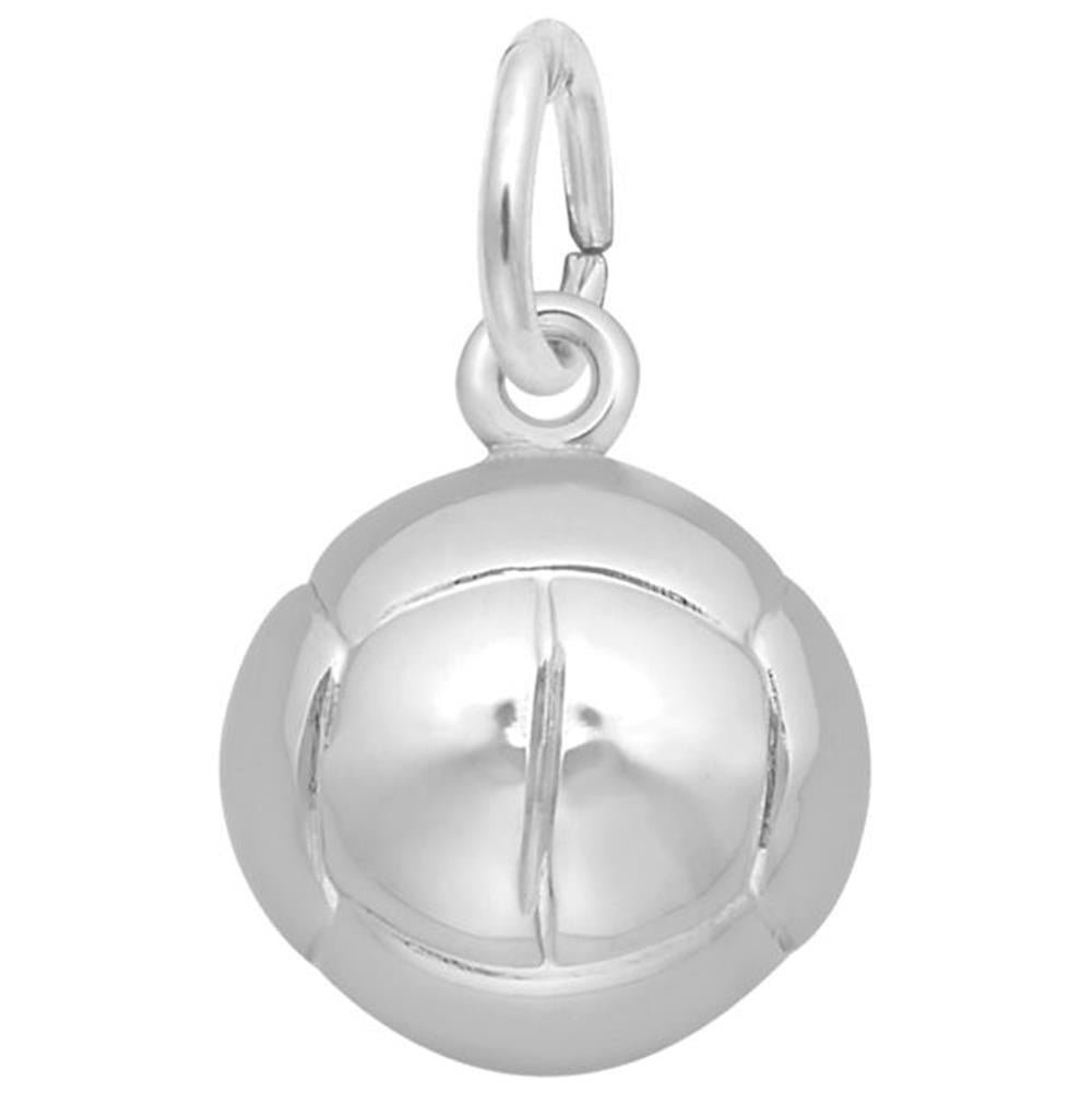A Volleyball Charm / Sterling Silver features a smooth, polished surface with minimal detailing. Reminiscent of Rembrandt Charms in its craftsmanship, the charm includes a small loop at the top for attaching to a bracelet or necklace.