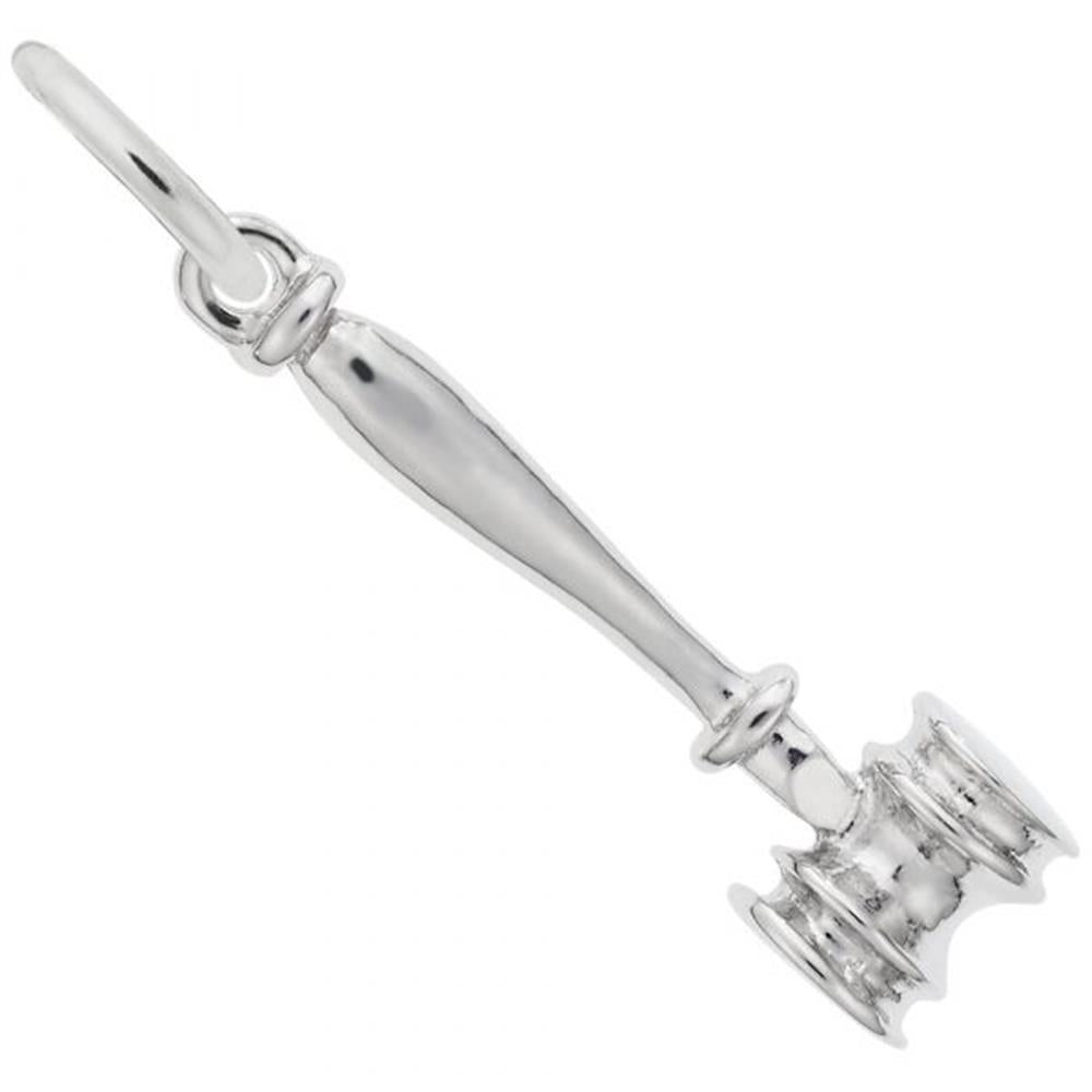 A close-up image showcases the Rembrandt Charms Gavel Charm in sterling silver. The gavel features a polished, rounded handle and a detailed head with a small loop at the top, making it perfect for adorning a bracelet or necklace. The shiny sterling silver surface beautifully reflects light, highlighting its smooth finish.