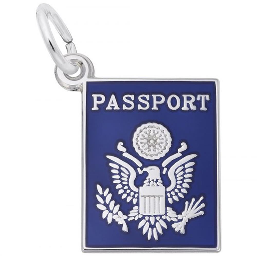 The Passport Charm by Rembrandt Charms is a sterling silver keychain designed to resemble a blue passport. The front of the keychain features an eagle with a shield, olive branch, and arrows, akin to the United States presidential seal, with the word "PASSPORT" in white at the top.