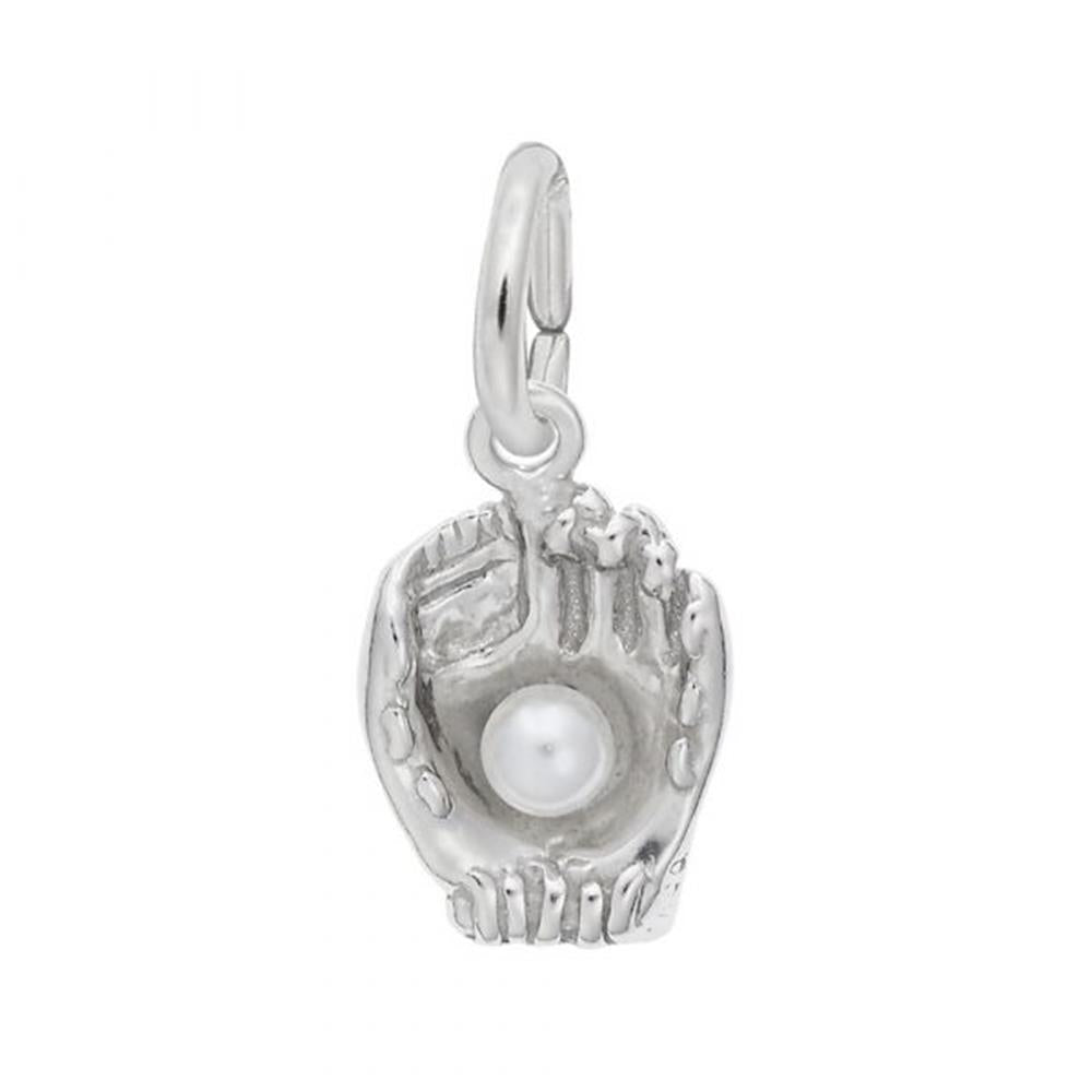 Image of a sterling silver Baseball Glove with Pearl Accent Charm, Style 0435, 0.36 in x 0.42 in (9.18 mm x 10.77 mm). The charm features a detailed baseball glove design holding a single pearl in the center, attached to a loop for easy addition to any charm bracelet.