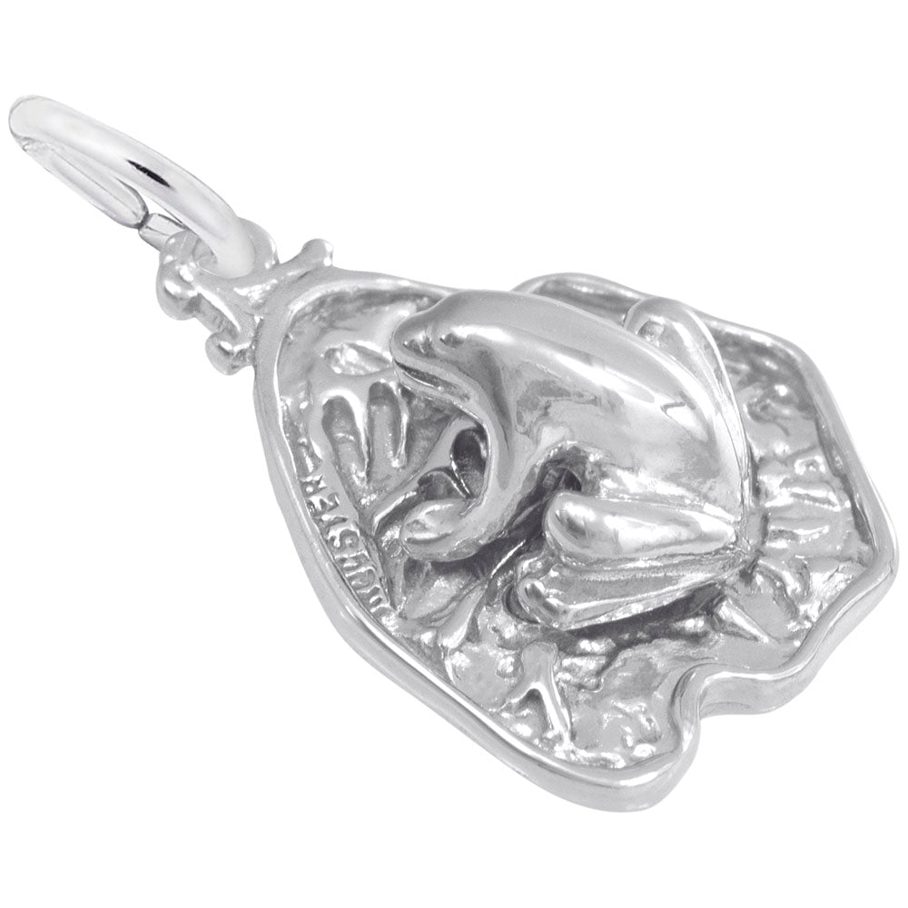 The Rembrandt Charms Frog on Lily Pad Charm is a sterling silver pendant featuring a detailed frog in a crouched position atop a textured, irregularly shaped base reminiscent of a lily pad, complete with a small loop for attaching to your favorite chain—a perfect choice for those seeking nature-inspired jewelry.