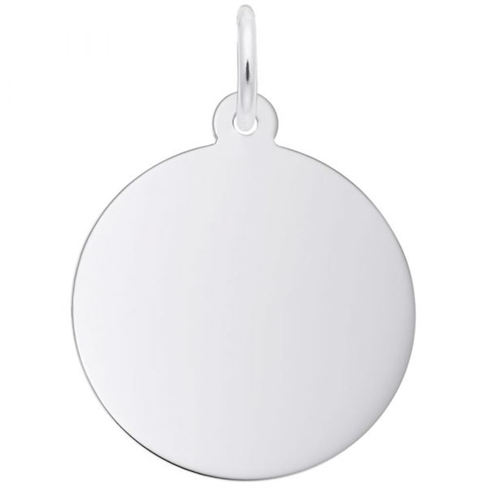 The Rembrandt Charms Engravable Medium Disc - (0.9Mm) Medium Thickness Charm / Sterling Silver is a shiny, round pendant with a smooth surface and a small loop at the top for attaching to a chain or necklace. This plain charm features a polished finish and has no additional markings or designs.