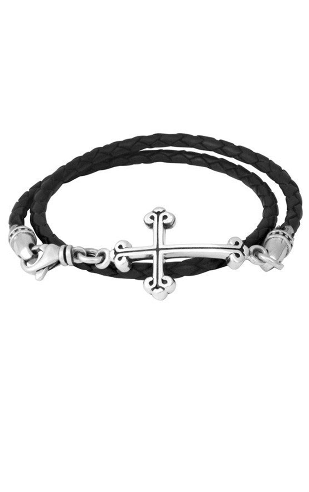 The King Baby Braided Leather and Silver Bracelet is a refined accessory featuring a silver-toned cross charm at its center, elegantly wrapped around the wrist twice with thin braided leather. The bracelet is completed with sleek silver end caps and a lobster clasp for fastening, exuding both elegance and style.
