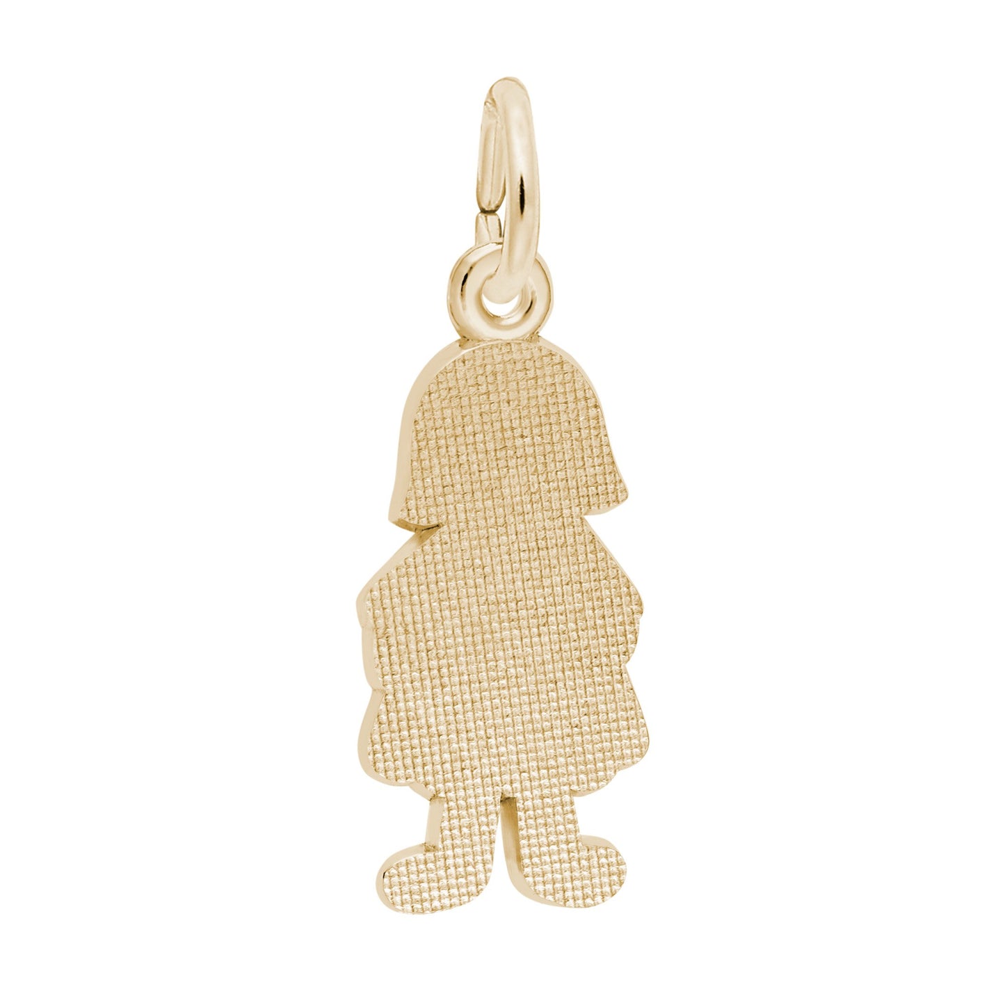 Introducing the Girl with Flower Dress Charm - Gold Plated by Rembrandt Charms: This charming gold-plated pendant features a girl adorned in a flower dress with a beautifully textured finish and an attached loop for easy addition to any necklace or bracelet. Perfect as a family keepsake, it complements other pieces—such as sterling silver accents or additional gemstone charms—allowing you to create your own meaningful and personalized jewelry collection.