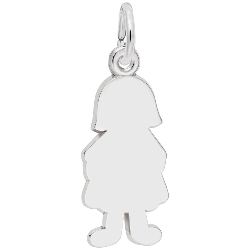 The Girl With Dress & Flower Charm in Sterling Silver by Rembrandt Charms features a polished silver pendant designed as the silhouette of a child with a bob haircut and dress. The charm includes a loop at the top for easy attachment to a necklace or bracelet, showcasing an elegant and simple design.