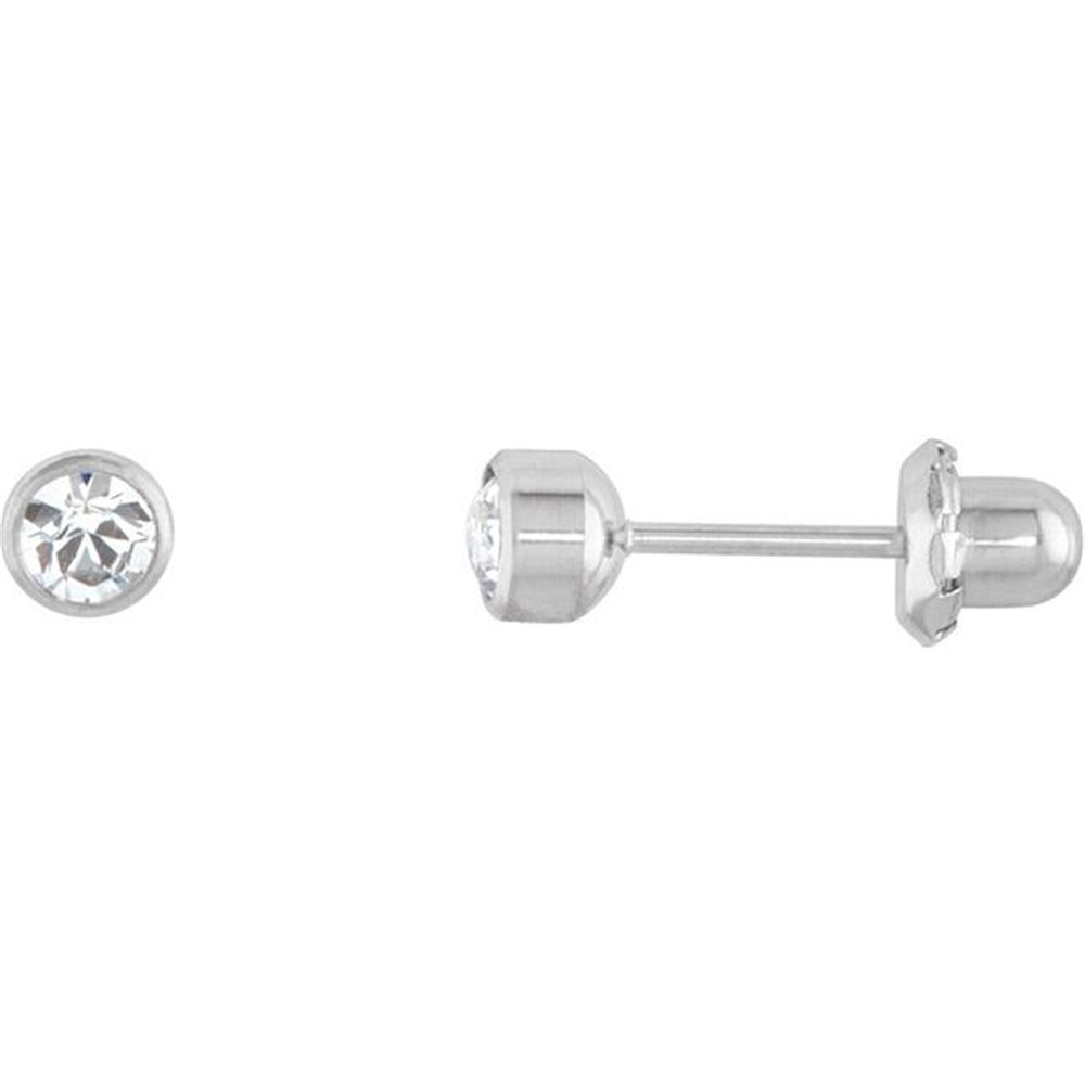 A pair of Titanium Imitation White Crystal Bezel-Set Piercing Earrings by Stuller-Stuller features clear, round gemstones set in silver-toned metal. One earring is displayed from the front, showing the white crystal gemstone, while the other is shown from the side, revealing the post and back closure. The background is plain white.
