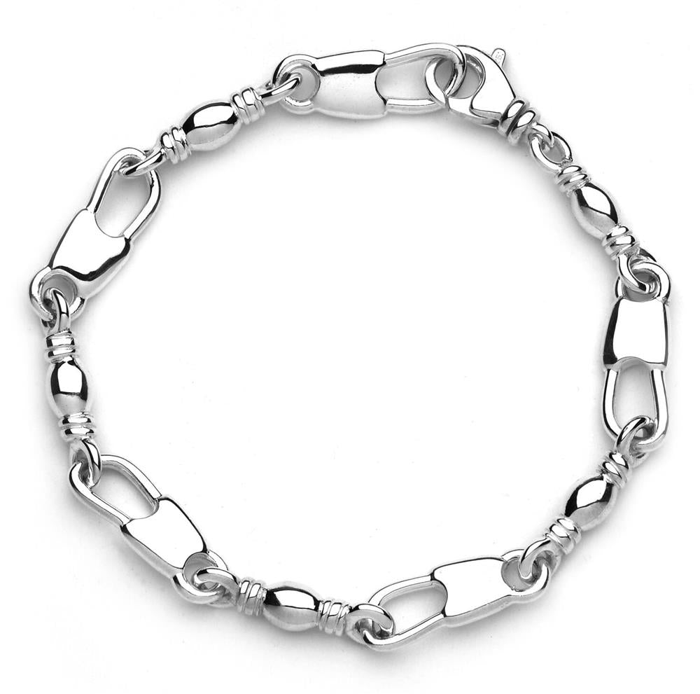 A polished silver chain bracelet featuring alternating rectangular and oval links connected by small rounded beads. The design includes a lobster clasp closure, measuring a sleek 9.25". The Denali Pro Jewelers 9mm Width & 9.25 inch Length Bracelet with Swivel Lobster Clasp | Fisher of Men exudes a sophisticated appearance perfect for any occasion.
