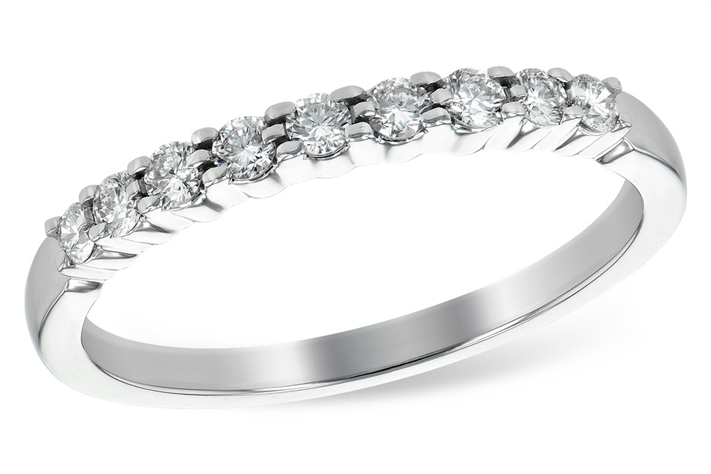 Introducing the Allison Kaufman 14k White Gold Wedding Band, featuring 0.25ct of natural diamonds prong set in a sleek row across the top of the band. Crafted by Allison Kaufman, this elegant ring showcases nine sparkling round diamonds set in lustrous 14k white gold.