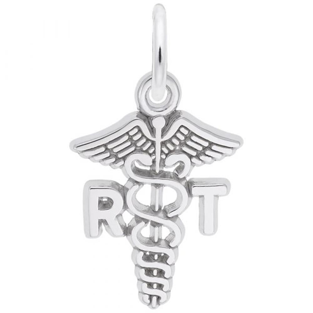 The RT Caduceus Charm from Rembrandt Charms is a sterling silver pendant featuring the caduceus symbol with intertwined serpents and wings on top. The letters "R" and "T" are positioned to the left and right of the caduceus, respectively. It also has a loop on top for attaching to a chain or necklace.
