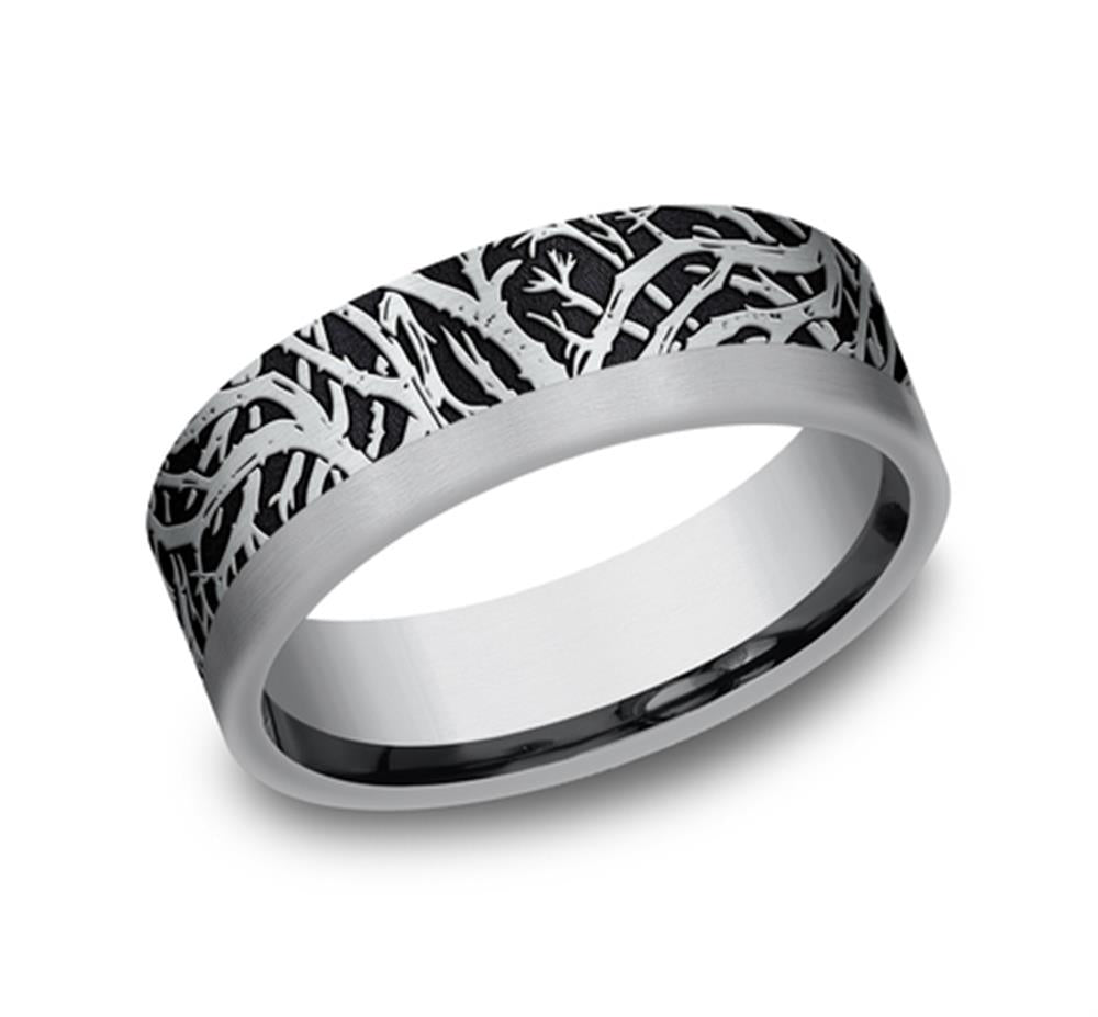 Introducing the Enchanted Forest Band by Benchmark Rings / Amarra Stone: a stunning Tantalum and 14K White Gold ring featuring an intricate black tree branch design elegantly wrapped around the exterior. The band boasts a smooth, polished interior, with the tree branch pattern offering a striking contrast against its lustrous metallic finish.
