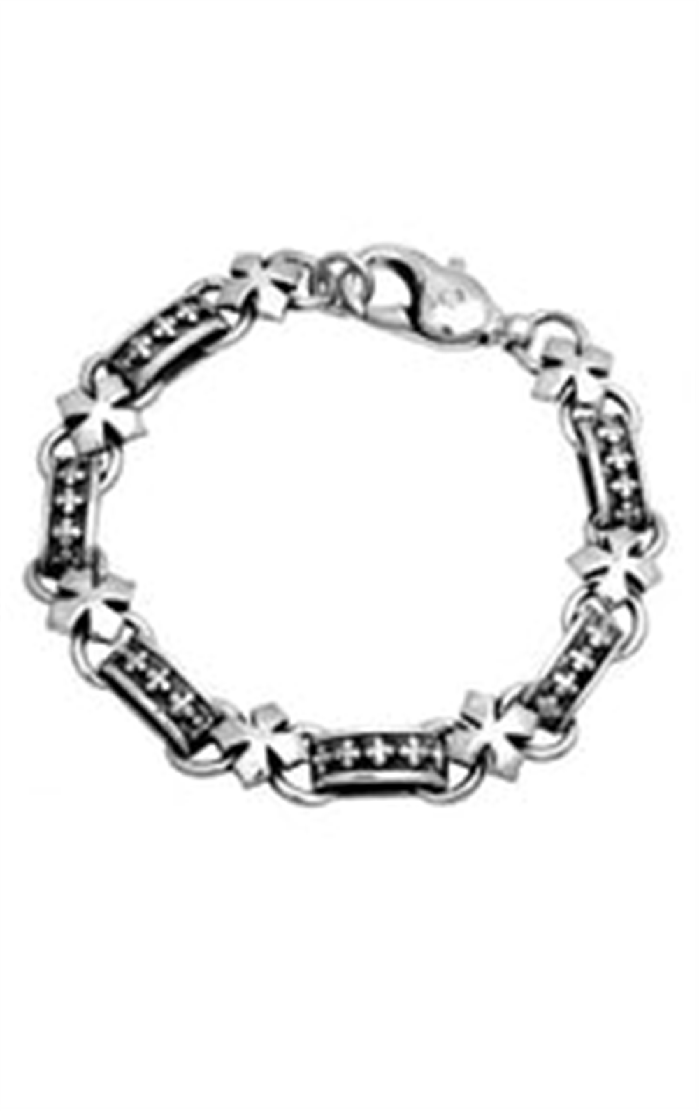 The King Baby "ss maltese cross" bracelet showcases alternating rectangular and Maltese cross-shaped links, adorned with intricate black and white detailing. It is secured with a reliable lobster clasp closure.