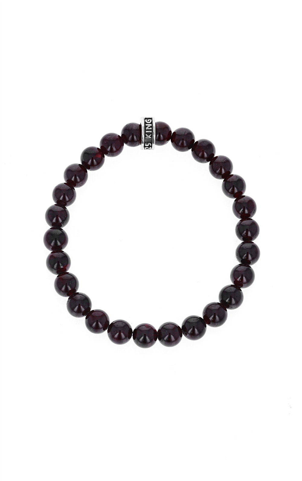 The 8mm garnet plain beaded bracelet by King Baby, featuring glossy dark beads and a metallic logo ring in the center, is elegantly showcased on a white background.