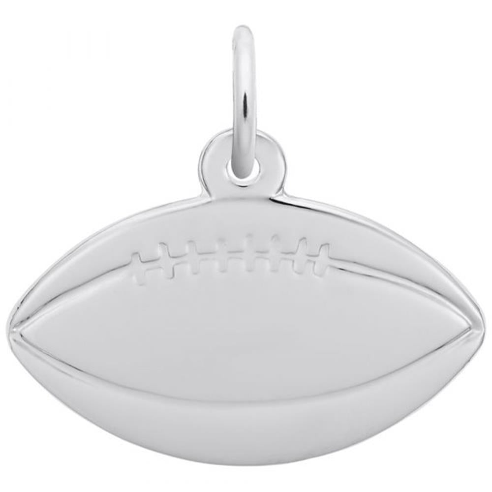 This Rembrandt Charms Flat Football Charm, made of sterling silver, is shaped like an American football with detailed stitches across the center to accurately mimic a real football. It includes a small, circular loop at the top for easy attachment to any chain or bracelet.