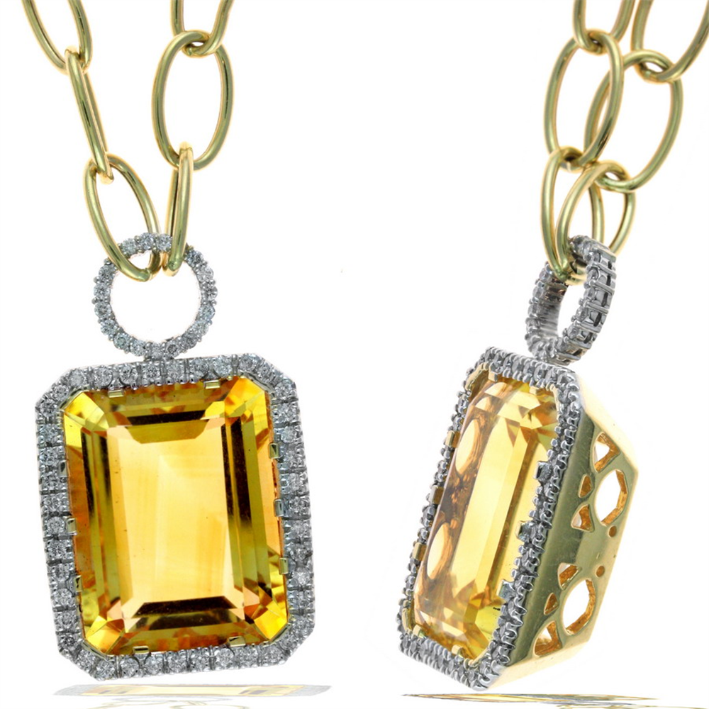 Ryan Gems' PC9845CT features two gold necklaces with rectangular citrine gemstones, bordered by 0.57ct diamonds. The elongated oval linked yellow gold chains display the pendants elegantly from both front and side views.