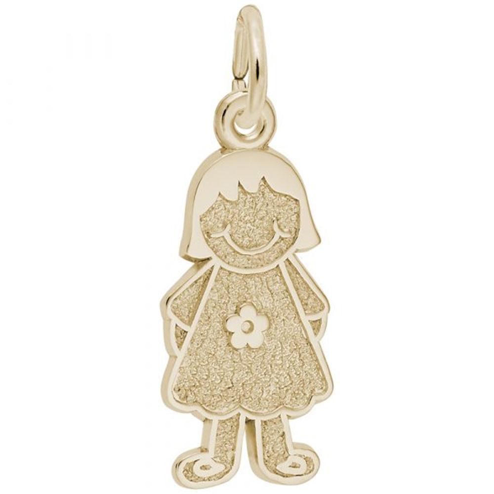 The Rembrandt Charms "Girl with Flower" Charm features a gold-plated sterling silver pendant shaped like a girl with a bob haircut and a textured surface. The girl has a smiling face and is dressed in an adorable outfit adorned with a central flower design. This delightful charm includes a loop at the top, making it easy to attach to any chain or bracelet.