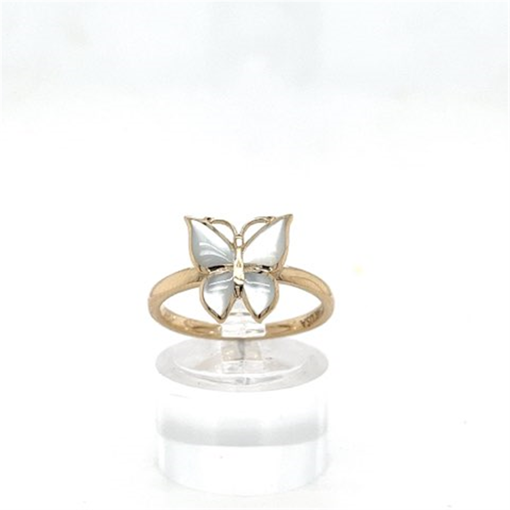 The Kabana 14K Ring w MOP inlay Butterfly Size 7.5 features a delicate butterfly design with translucent MOP inlay wings, shown upright on a clear stand against a white background.