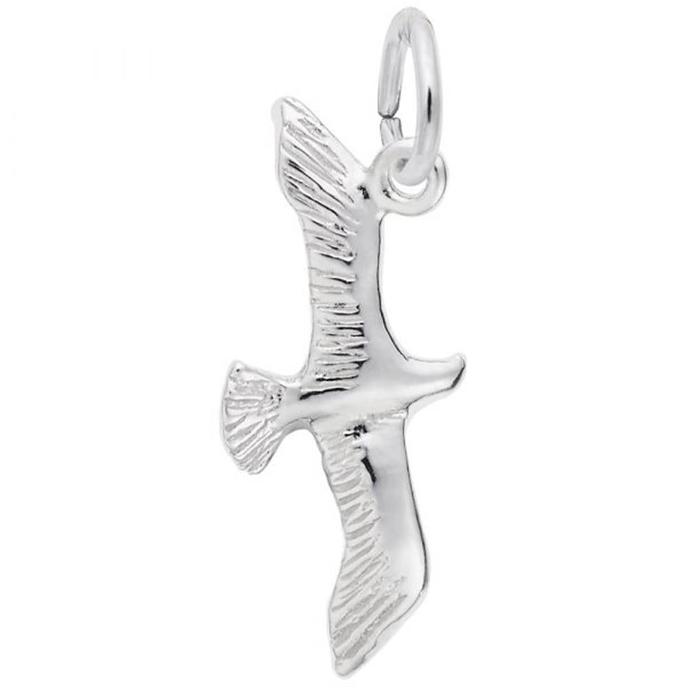 A Seagull Charm in sterling silver from Rembrandt Charms, featuring intricate engravings on the wings and tail similar to those found in their collection. This charm is shaped like a seagull in mid-flight and is attached to a small, circular loop for easy attachment to a chain or necklace.