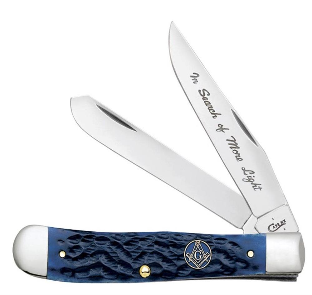 The Blue Knife / Steel by W.R. Case & Sons Cutlery Co. is a folding pocket knife with two durable steel blades. It features a dark blue textured handle and an embedded gold emblem in the center. One of the shiny metal blades is engraved with "In Search of More Light," and the brand name "Case" is marked near the pivot.