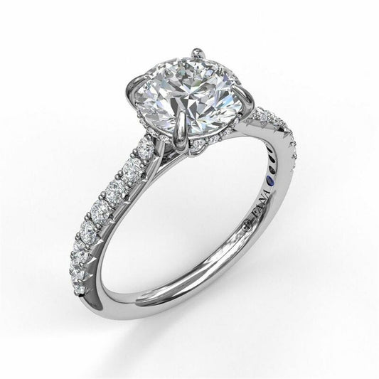 14K White Gold Classic Round Cut Solitaire With Hidden Halo Ring | FANA