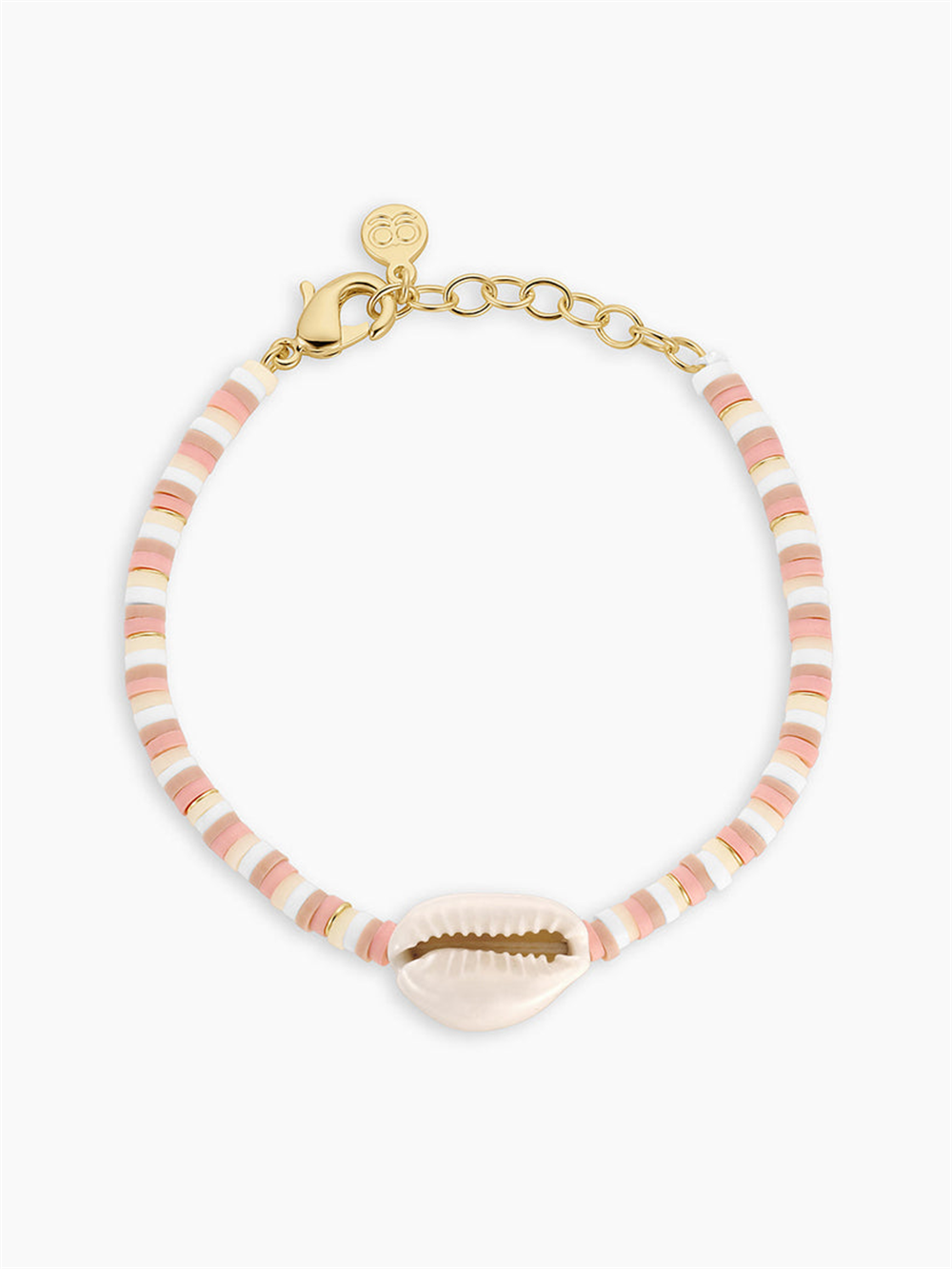 The Harbor Shell Bracelet by Gorjana features pastel pink, white, and beige disc-shaped beads with a central cowrie shell and gold adjustable clasp—a chic nautical accessory.