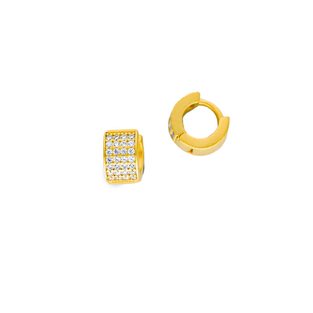 Two Freida Rothman Mini Huggie Hoops (YZE020470B)—one upright with rows of clear gemstones, the other on its side—are displayed on a plain white background.