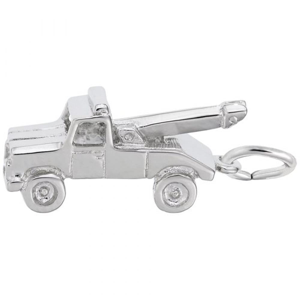 The Rembrandt Charms Tow Truck Charm, crafted from sterling silver, is a keychain designed in the shape of a tow truck. This miniature vehicle showcases intricate details like wheels, windows, and an extending tow arm at the back. The key ring is conveniently attached to the rear of the tow truck charm.