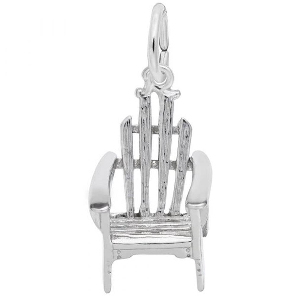 Introducing the Adirondack Chair Charm from Rembrandt Charms: a detailed sterling silver charm shaped like an Adirondack chair, featuring a slatted back and seat, along with curved armrests. This charm includes a small loop at the top for easy attachment to a bracelet or necklace, making it perfect for lovers of outdoor relaxation.