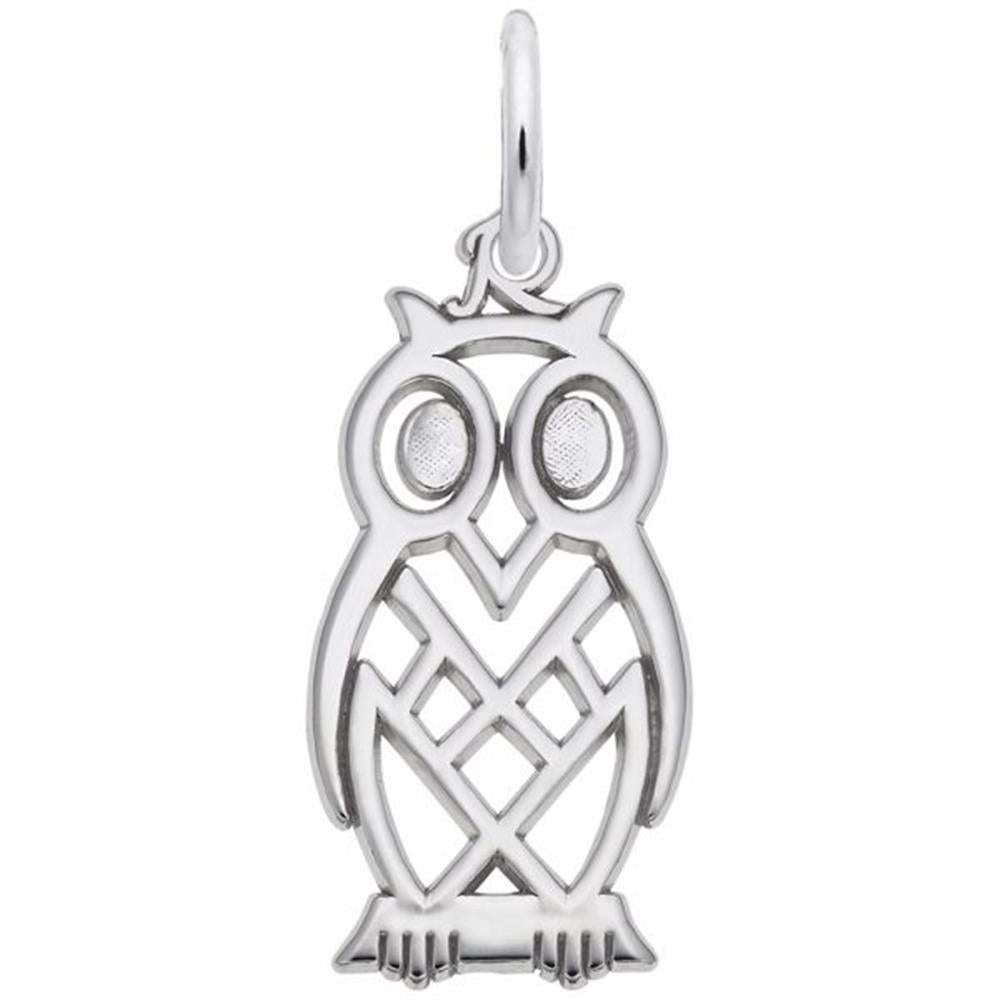 The Rembrandt Charms Sterling Silver Owl Charm showcases a sleek, geometric, cut-out design. Featuring an owl with large circular eyes and a patterned body, this contemporary piece is equipped with a loop for easy attachment to any chain or necklace. This elegant charm adds a touch of modern sophistication to any jewelry collection.