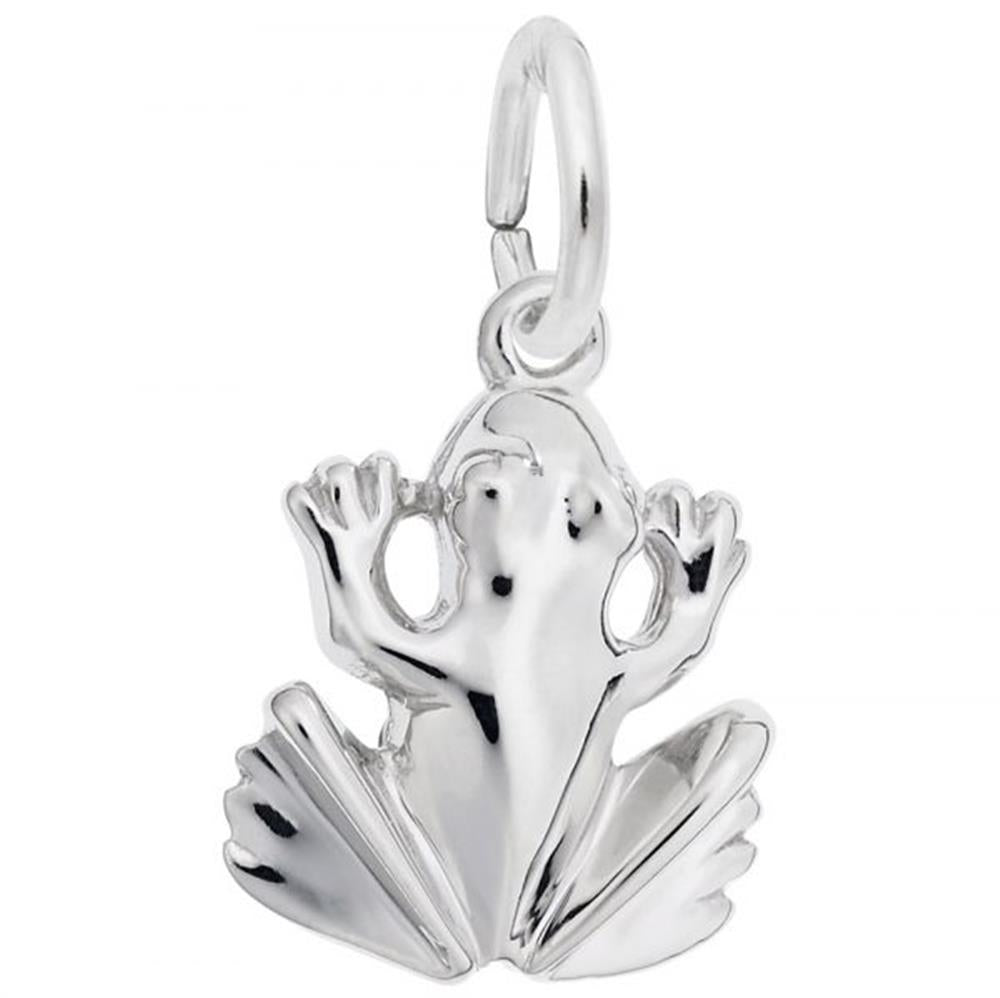 The Rembrandt Charms Frog Charm in sterling silver is meticulously crafted, featuring detailed hands and feet with a loop at the top for attaching to a chain or bracelet. The frog is depicted from a top-down perspective.