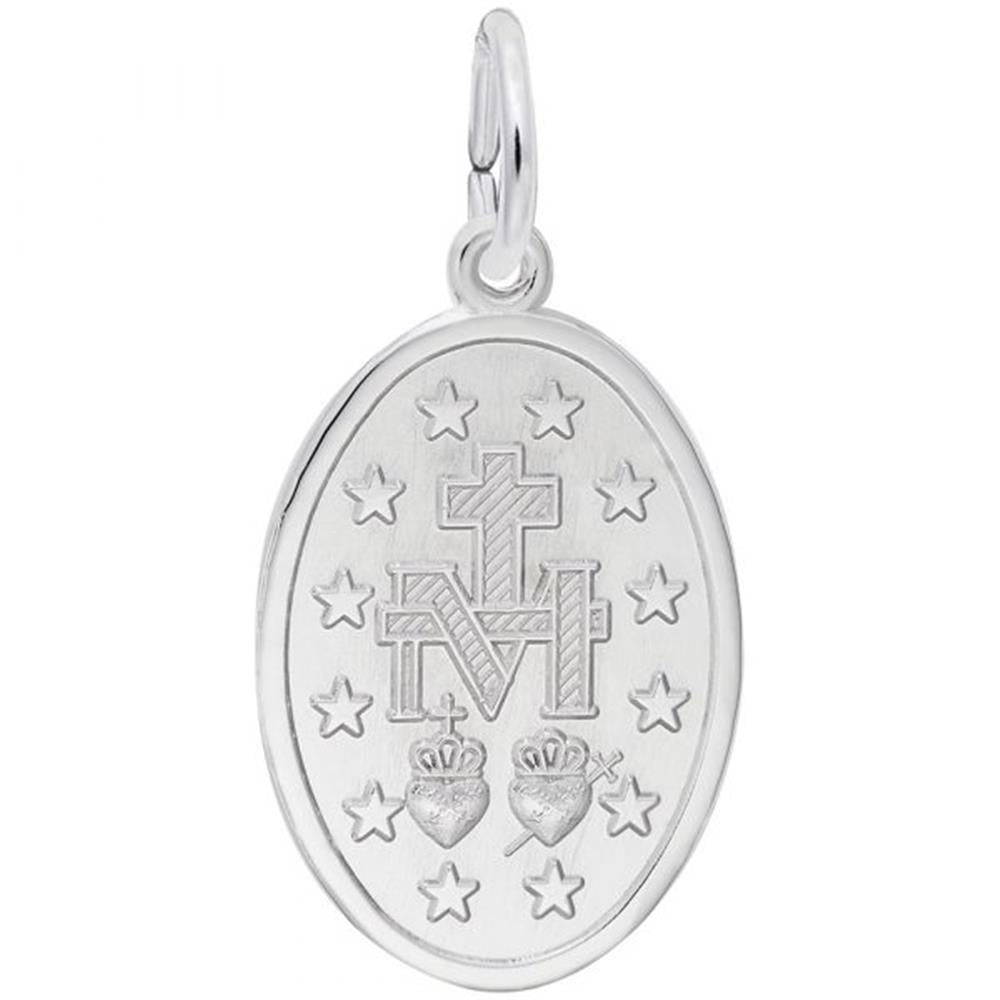 The Miraculous Medal Charm in sterling silver by Rembrandt Charms features an oval shape with intricate engravings, including a cross and the letter "M" surrounded by twelve stars. Beneath the letter "M," two hearts are depicted—one encircled with thorns and the other pierced by a sword. A loop at the top allows it to be worn as a pendant.