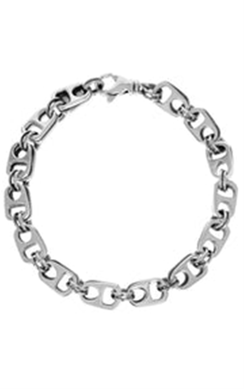 The King Baby SS small double pop top silver chain bracelet features large, rectangular links with beveled edges, offering a slightly chunky yet sleek and polished design. The bracelet is secured with a small double pop top clasp, enhancing its modern and sophisticated appearance.