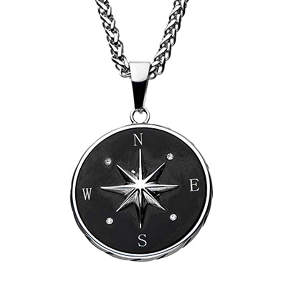 The INOX Men's Stainless Steel and Black Compass Pendant Necklace features a silver compass with a raised star at its center set against a black background, displaying the cardinal directions N, E, S, and W. This elegant black-plated pendant is suspended on a chunky 24-inch black-plated chain.