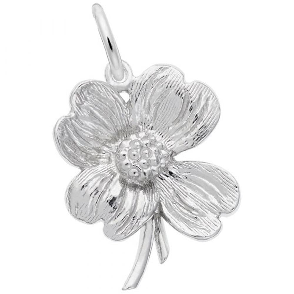 A close-up image of the Rembrandt Charms Dogwood Flower Charm in sterling silver, showcasing its intricate petals and textured center. The charm is designed to resemble a blooming dogwood flower and features a small loop at the top for easy attachment to a chain or necklace.