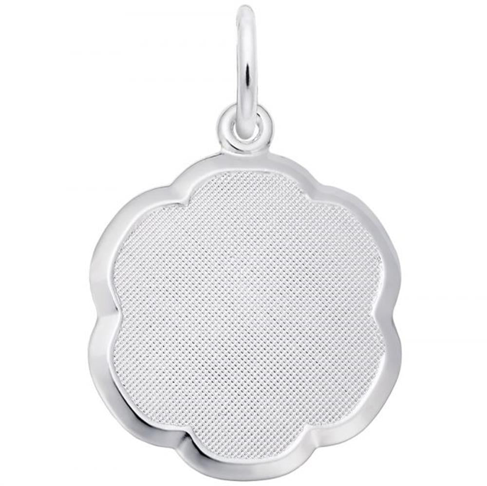 The Number Charm by Rembrandt Charms is a sterling silver pendant featuring a flower-shaped design with a textured inner surface and smooth outer edges. It includes a small loop at the top for easy attachment to a chain or cord.