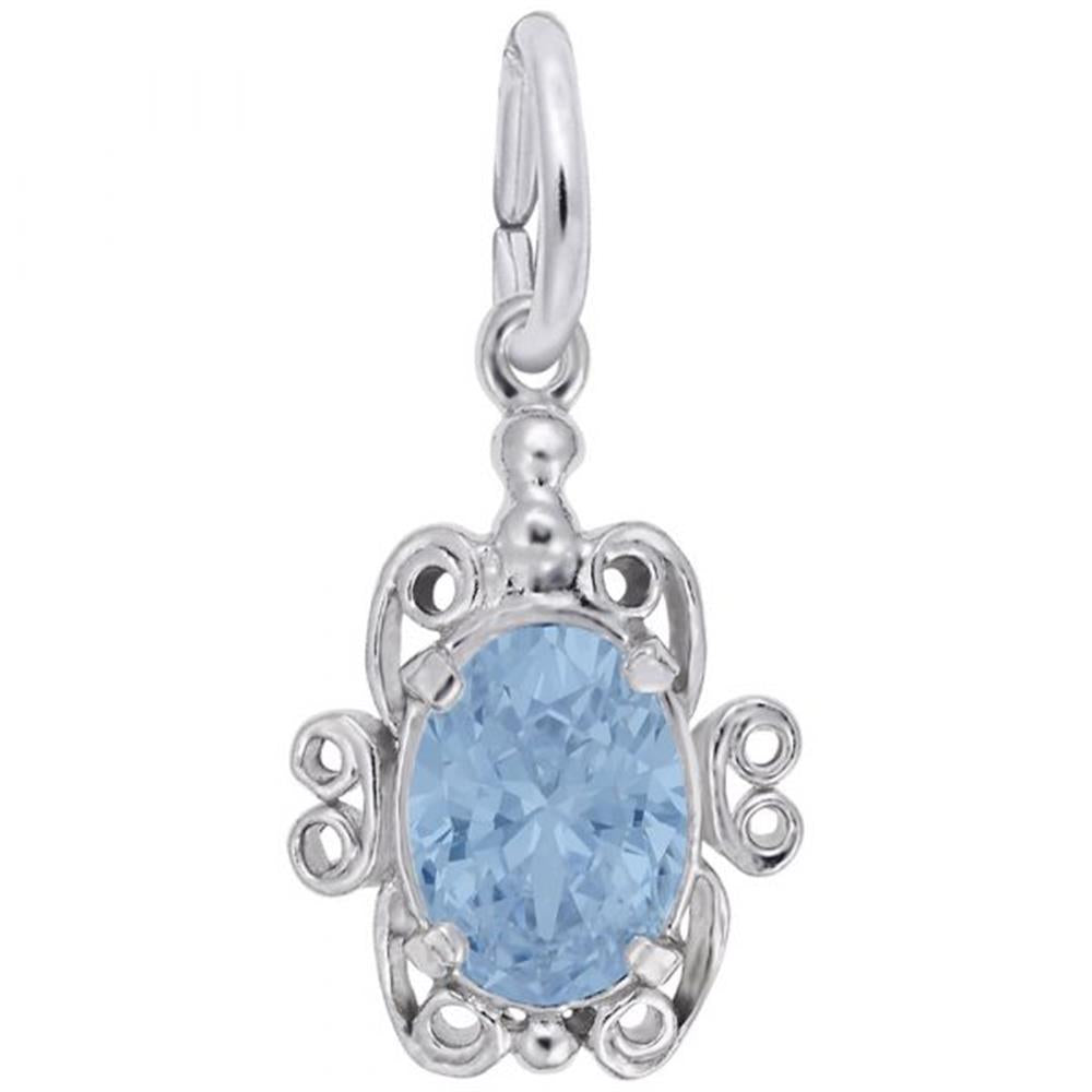 The Filigree March Birthstone Charm in sterling silver by Rembrandt Charms showcases an intricately detailed turtle-shaped design with swirling patterns and an aquamarine-colored stone as the shell. It features a silver loop at the top for easy attachment to a necklace or bracelet, exemplifying Rembrandt Charms' exquisite craftsmanship.