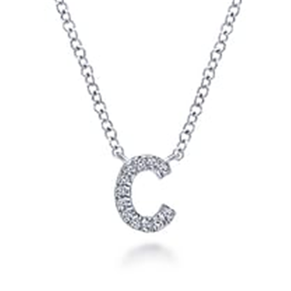 The Gabriel & Co 14K white diamond necklace (SKU: S2079288) features a letter "C" pendant adorned with small sparkling stones, elegantly centered on a delicate silver chain against a plain white background.