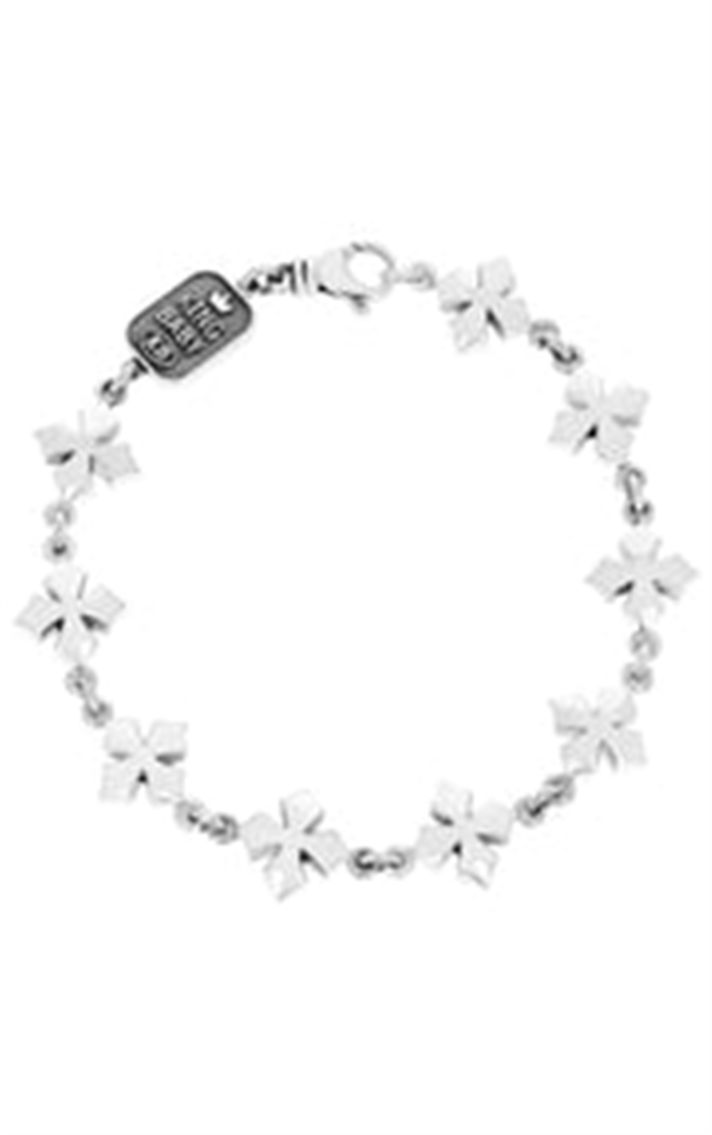 The King Baby ss large maltese bracelet is a stunning piece featuring a series of flower-shaped links and a rectangular tag with engraved text, all secured by a Maltese lobster clasp.