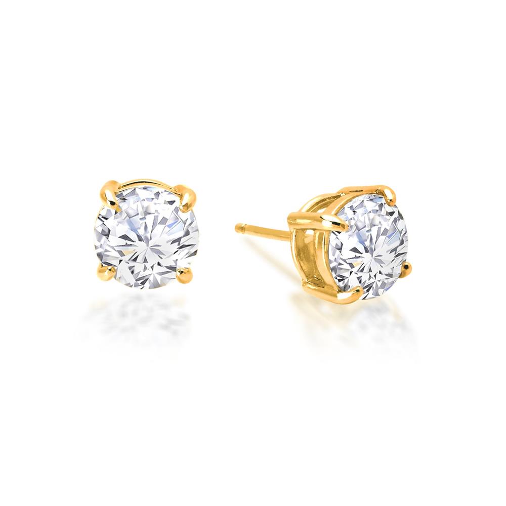 A pair of 4cts Diamonds Stud Earrings set in gold. Each earring features a round, brilliant-cut diamond secured by four gold prongs. The earrings have a post and butterfly back closure. The diamonds and gold settings are highly polished, reflecting light elegantly, making them perfect for any Lafonn enthusiast.