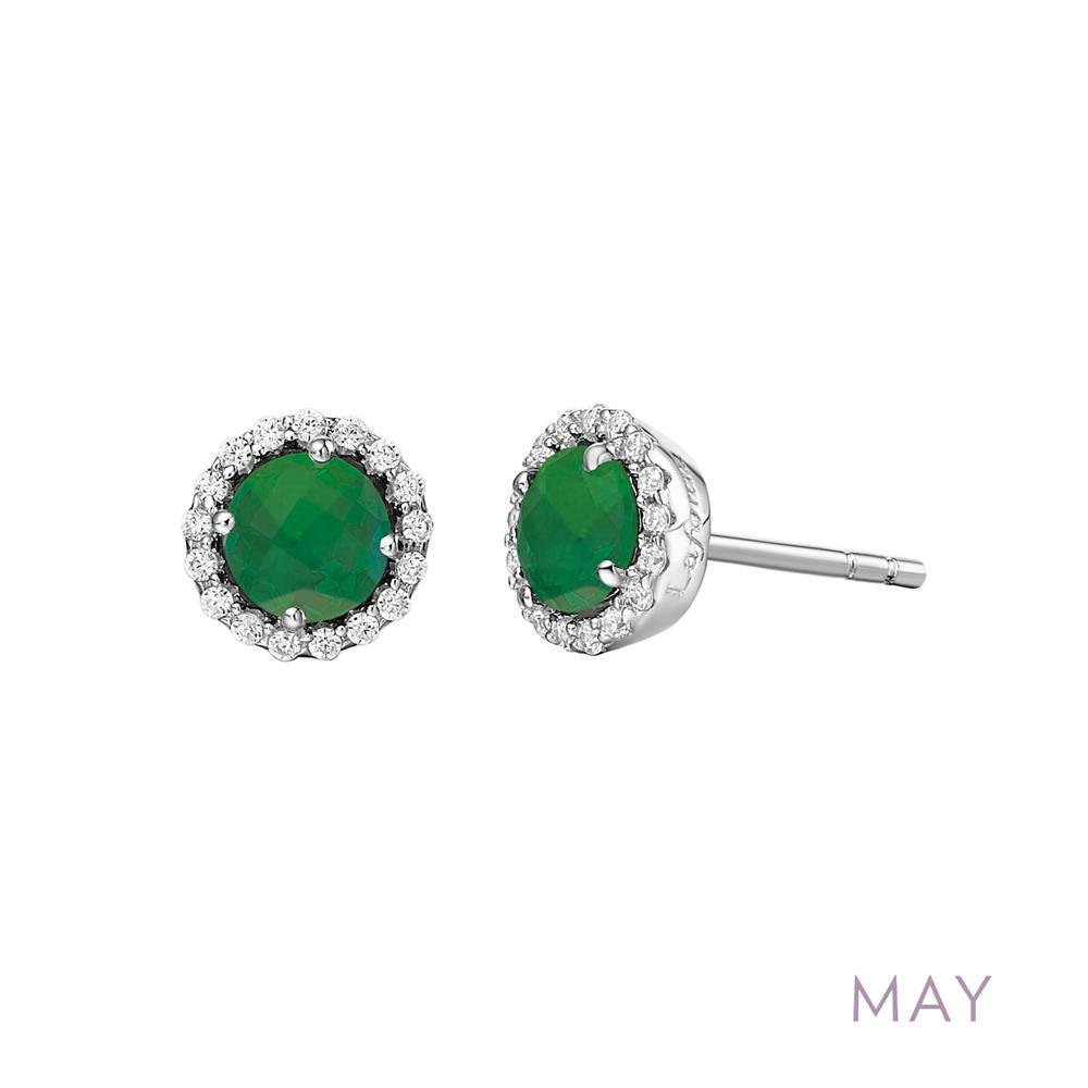 Close-up of a pair of Lafonn's May Birthstone Earrings, featuring round simulated emeralds, each encircled by a halo of small white gems, set in a silver setting. The word "MAY" is printed in the lower right corner, signifying the birthstone for May.