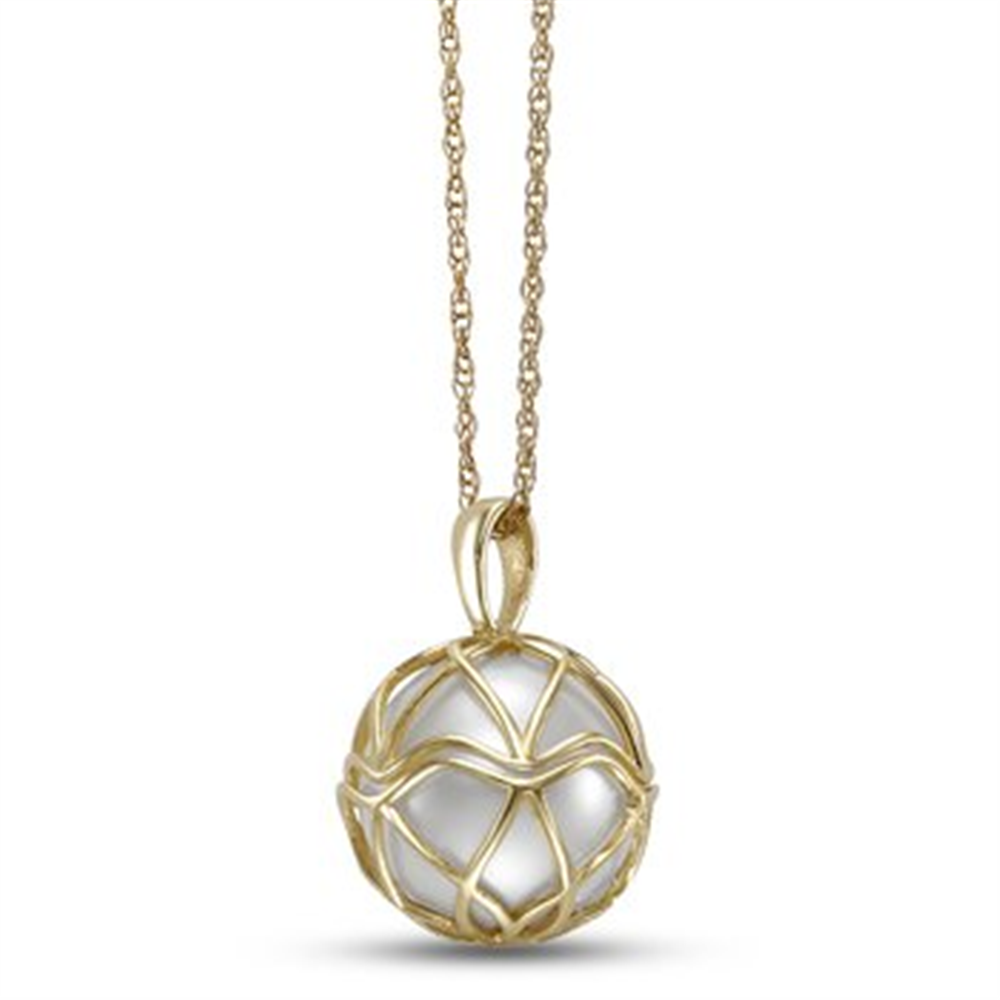 The Mastoloni Pearls 7-7.5mm freshwater pearl necklace features a round pearl pendant in a 14k yellow gold lotus flower cage design, displayed on a plain white background.