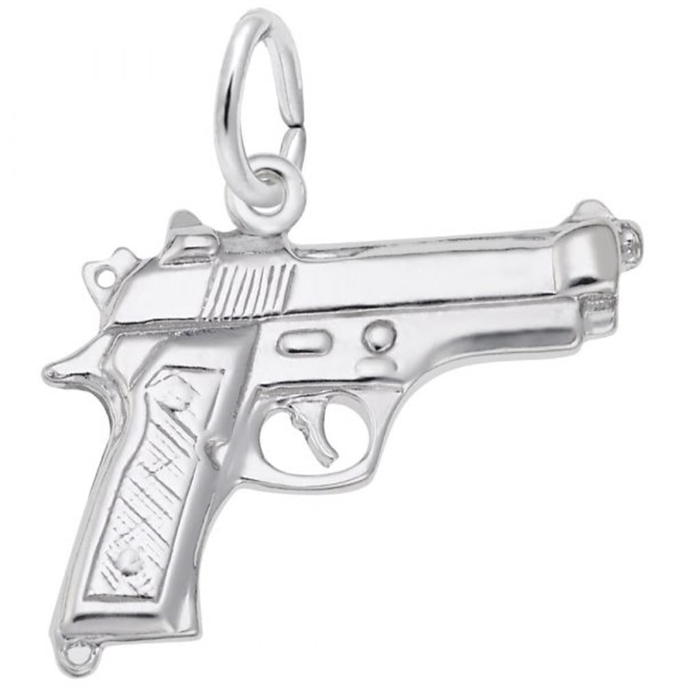 The Rembrandt Charms Pistol Charm in sterling silver, showcasing intricate engravings on the grip and slide, complete with a small ring at the top for easy attachment to a chain or bracelet.