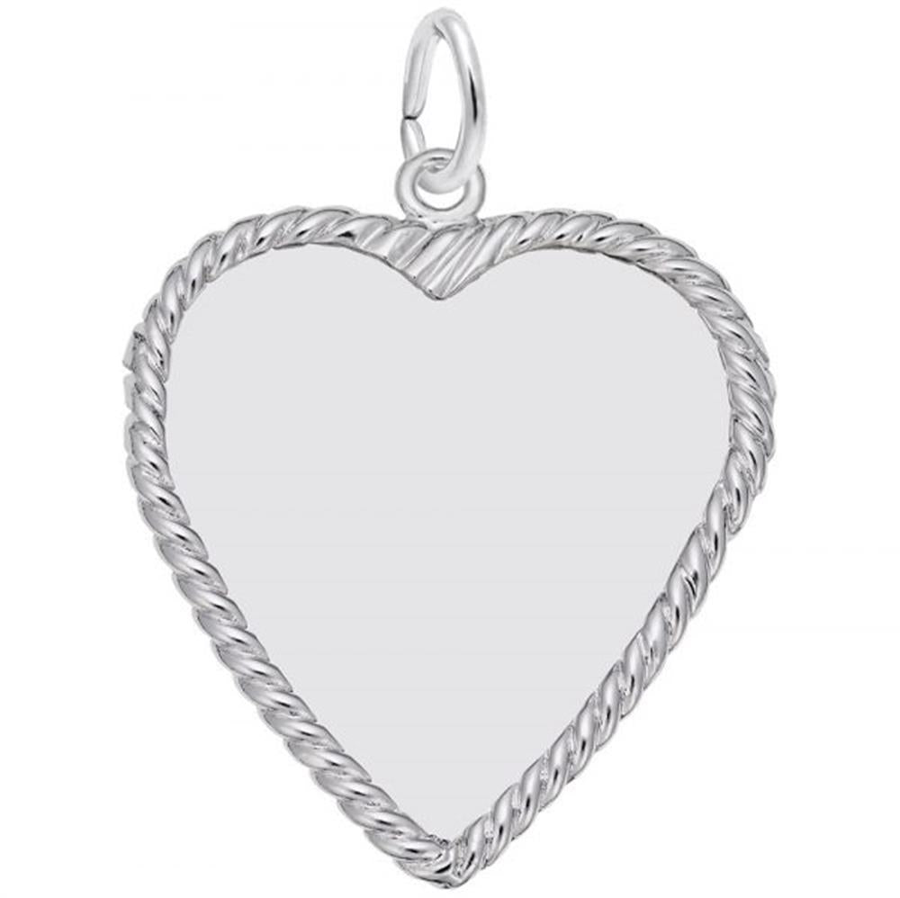 The Large Classic Rope Heart Charm in sterling silver by Rembrandt Charms features a smooth, reflective heart-shaped pendant with a twisted rope-like border and a small loop at the top for hanging.