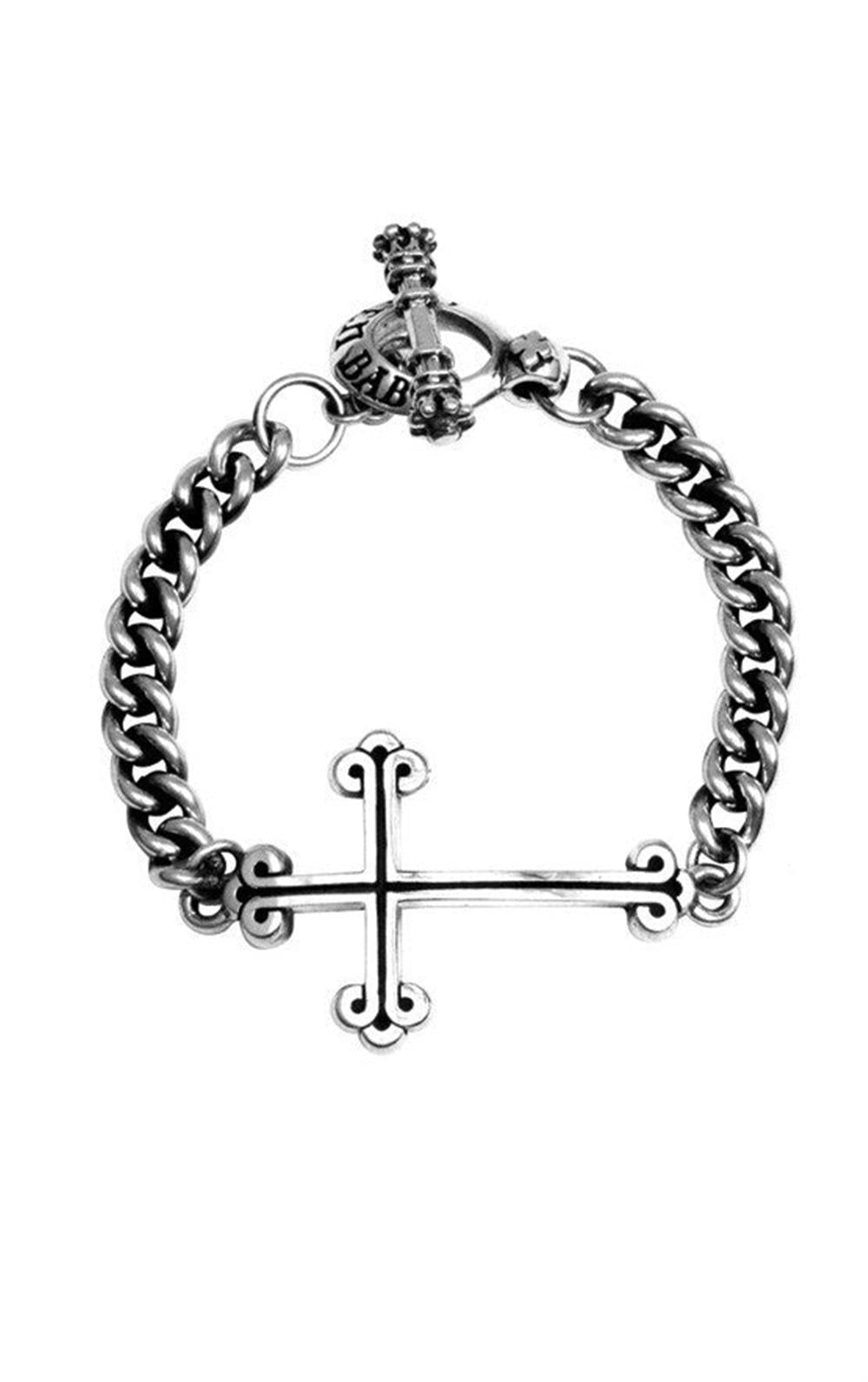The King Baby Traditional Cross with Curb Link Silver Bracelet boasts a striking design featuring a chunky curb chain and an eye-catching, large traditional cross charm at its center. The cross is detailed with ornate ends, adding to the bracelet's complexity. It closes with a toggle clasp that includes a small, detailed embellishment, making for a bold and intricate accessory.