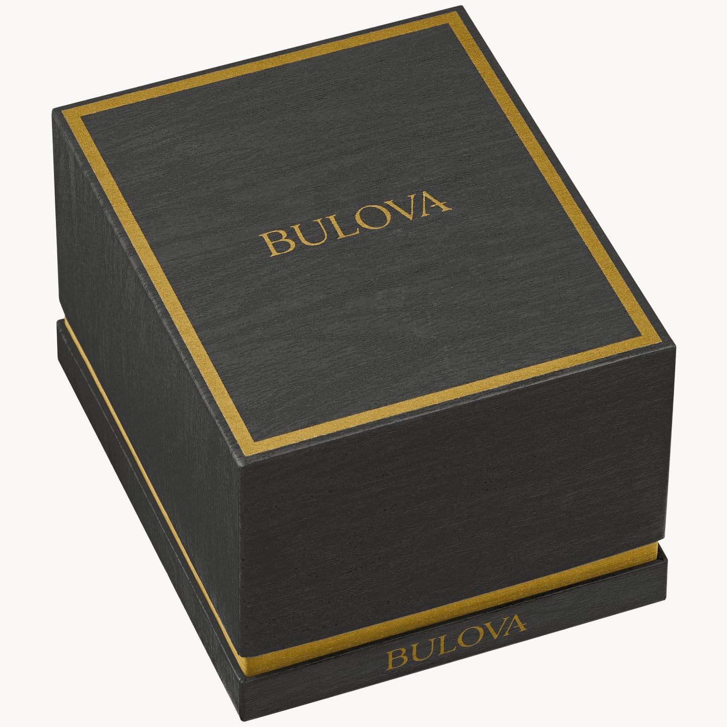 A black rectangular Bulova Watch Company box with gold trim and "BULOVA" in gold on the lid and side, echoing the refined look of a CRYSTAL L W BR BL C120, set against a white background.